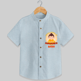 Embrace tradition with our "Little Learner of Mahavir's Wisdom" Customised Shirt For Kids - PASTEL BLUE CHAMBREY - 0 - 6 Months Old (Chest 21")
