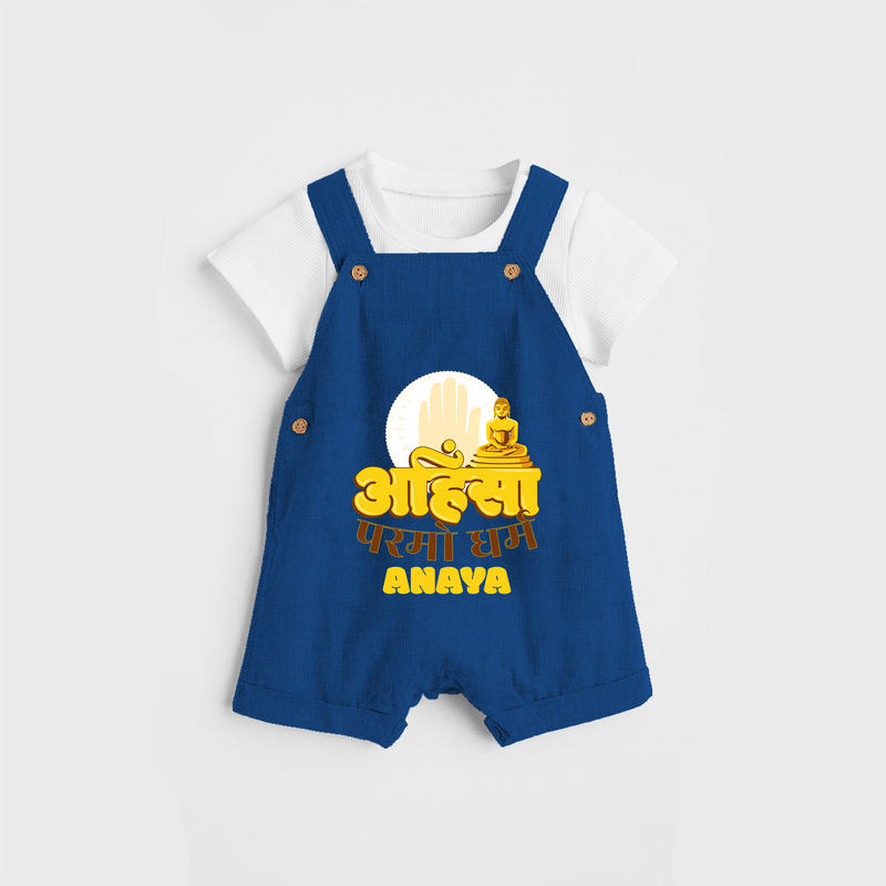 Ignite the festive fervor with our "Mahavir's Jayanthi" Customised Kids Dungaree - COBALT BLUE - 0 - 3 Months Old (Chest 17")