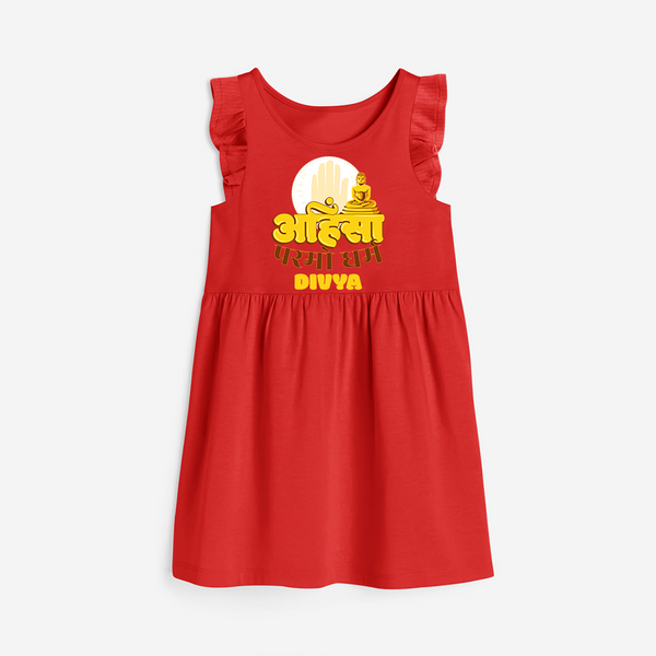 Ignite the festive fervor with our "Mahavir's Jayanthi" Customised Frock - RED - 0 - 6 Months Old (Chest 18")