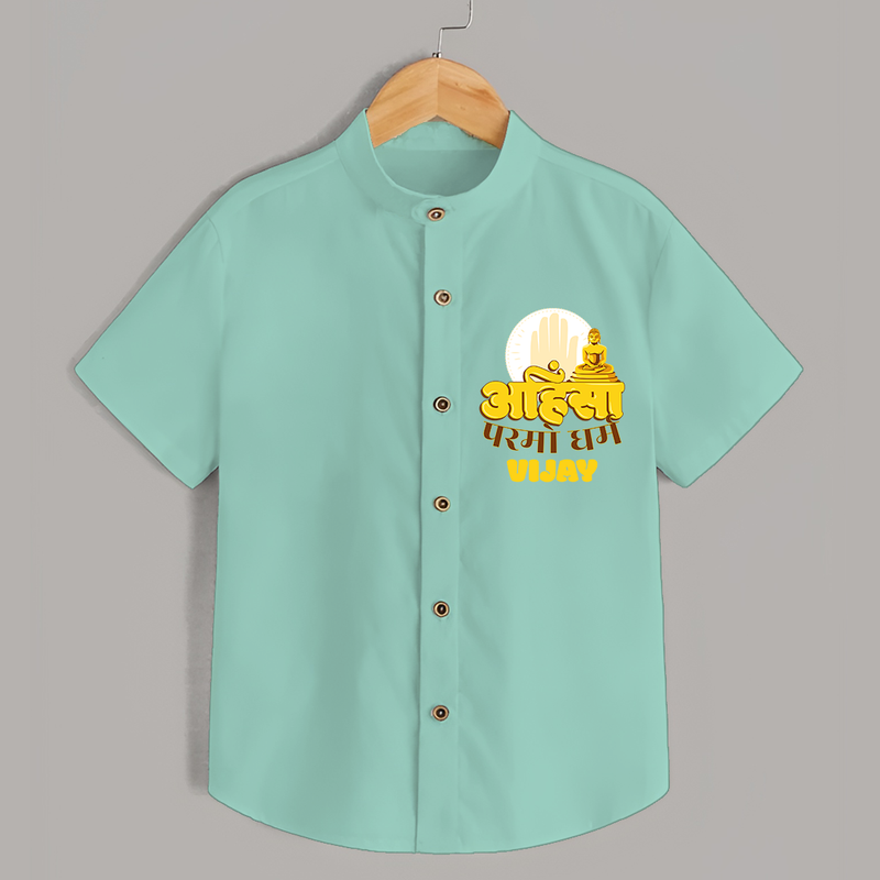 Ignite the festive fervor with our "Mahavir's Jayanthi" Customised Shirt For Kids - MINT GREEN - 0 - 6 Months Old (Chest 21")