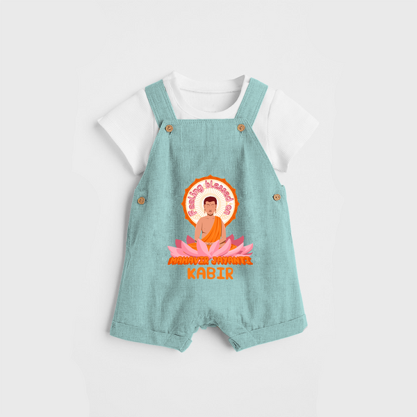 Radiate positivity with our "Feeling Blessed On Mahavir Jayanthi" Customised Dungaree for Kids - AQUA GREEN - 0 - 3 Months Old (Chest 17")