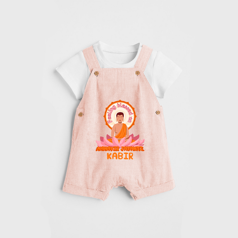 Radiate positivity with our "Feeling Blessed On Mahavir Jayanthi" Customised Dungaree for Kids - PEACH - 0 - 3 Months Old (Chest 17")