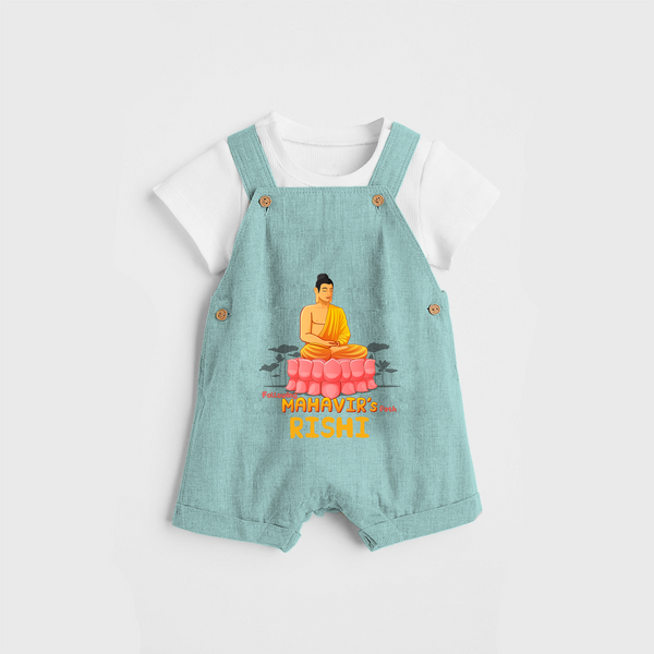 Stand out in elegance with our "Following Mahavir's Path" Customised Dungaree for Kids - AQUA GREEN - 0 - 3 Months Old (Chest 17")