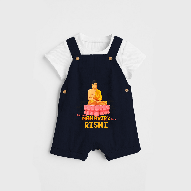 Stand out in elegance with our "Following Mahavir's Path" Customised Dungaree for Kids - NAVY BLUE - 0 - 3 Months Old (Chest 17")