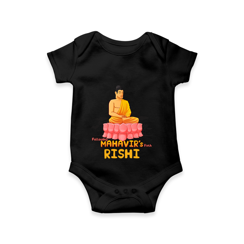 Stand out in elegance with our "Following Mahavir's Path" Customised Romper for Kids - BLACK - 0 - 3 Months Old (Chest 16")