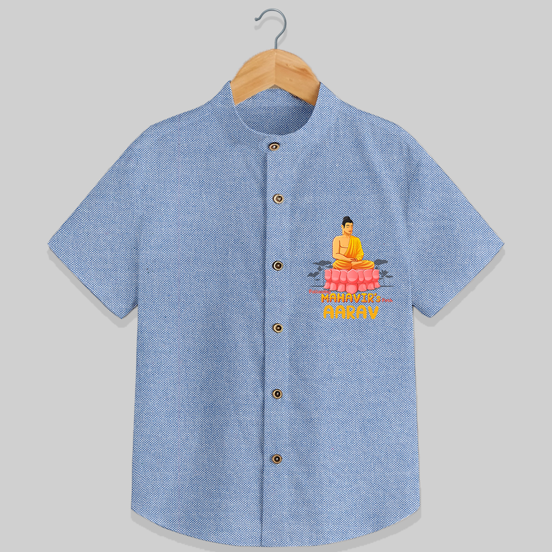 Stand out in elegance with our "Following Mahavir's Path" Customised Kids Shirt - BLUE CHAMBREY - 0 - 6 Months Old (Chest 21")