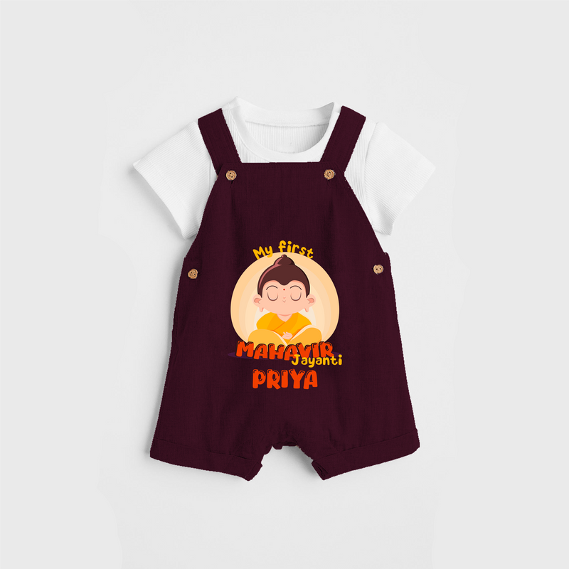 Embrace the divine grace with our "My 1st Mahavir Jayanthi" Customised Kids Dungaree - MAROON - 0 - 3 Months Old (Chest 17")