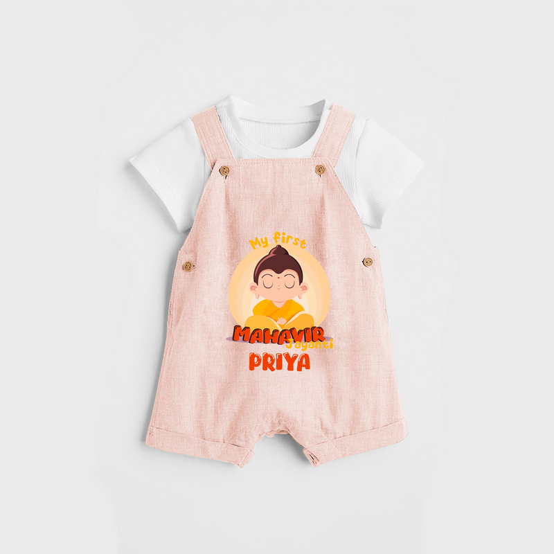 Embrace the divine grace with our "My 1st Mahavir Jayanthi" Customised Kids Dungaree - PEACH - 0 - 3 Months Old (Chest 17")