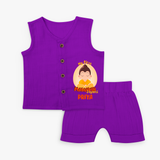 Embrace the divine grace with our "My 1st Mahavir Jayanthi" Customised Kids Jabla - ROYAL PURPLE - 0 - 3 Months Old (Chest 19")