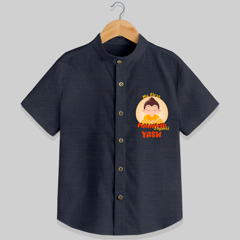 Embrace the divine grace with our "My 1st Mahavir Jayanthi" Customised Shirt For Kids - DARK GREY - 0 - 6 Months Old (Chest 21")