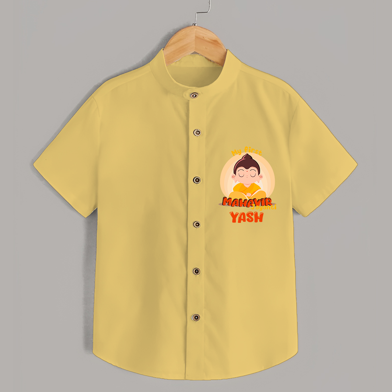 Embrace the divine grace with our "My 1st Mahavir Jayanthi" Customised Shirt For Kids - YELLOW - 0 - 6 Months Old (Chest 21")