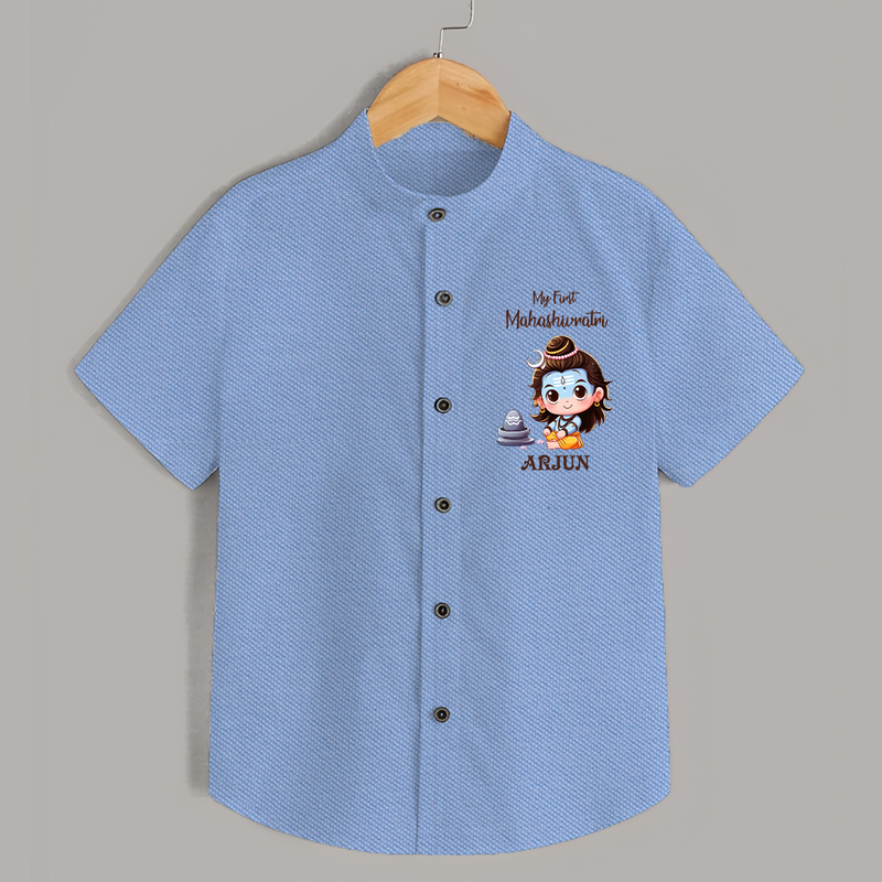 My First Mahashivaratri - A Night of Devotion and Blessings Customized Shirt for Kids with name - SKY BLUE - 0 - 6 Months Old (Chest 23")