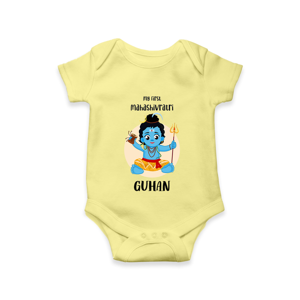 My First Mahashivratri Baby Romper – Custom Name Shiv Design Onesie - PASTEL YELLOW - New Born (Chest 14")