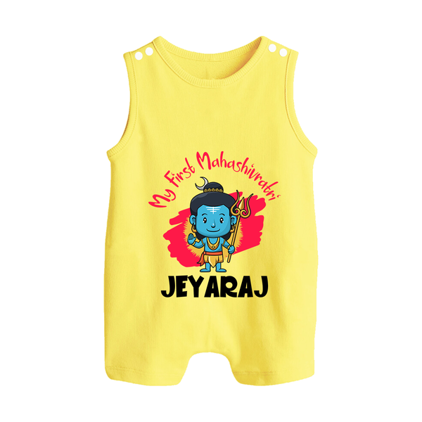Personalized Mahashivratri Special Baby Romper Suit – Shiv Inspired Name Print - PASTEL YELLOW - 0 - 5 Months Old (Chest 18")