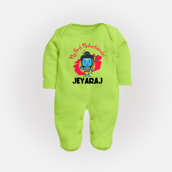 Personalized Mahashivratri Special Baby Fullbody Suit – Shiv Inspired Name Print - LIME GREEN - New Born (Chest 7.5")