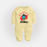 Personalized Mahashivratri Special Baby Fullbody Suit – Shiv Inspired Name Print - PASTEL YELLOW - New Born (Chest 7.5")