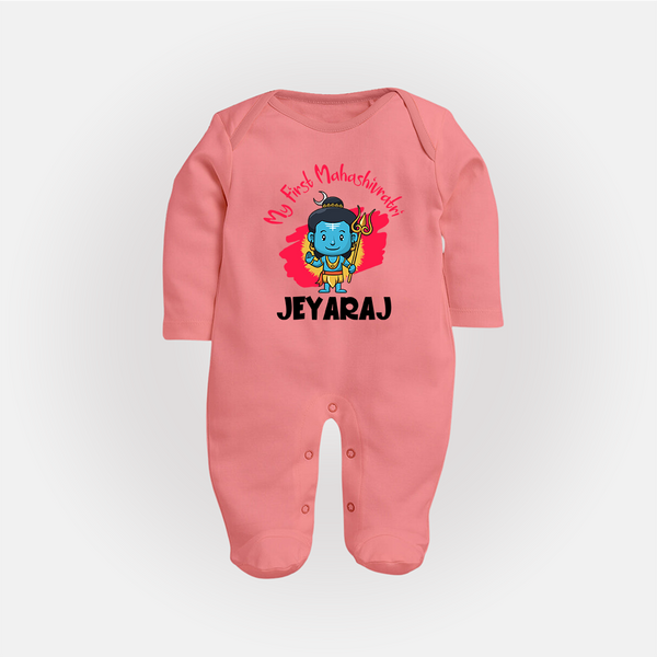 Personalized Mahashivratri Special Baby Fullbody Suit – Shiv Inspired Name Print - PEACH - New Born (Chest 7.5")