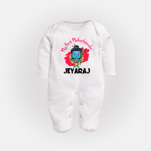 Personalized Mahashivratri Special Baby Fullbody Suit – Shiv Inspired Name Print - WHITE - New Born (Chest 7.5")