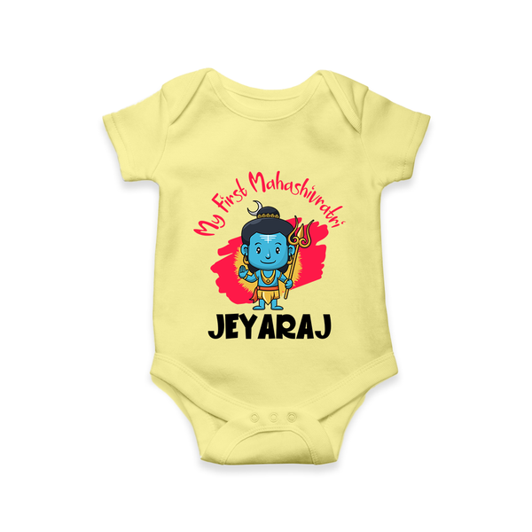 Personalized Mahashivratri Special Baby Romper – Shiv Inspired Name Print - PASTEL YELLOW - New Born (Chest 14")