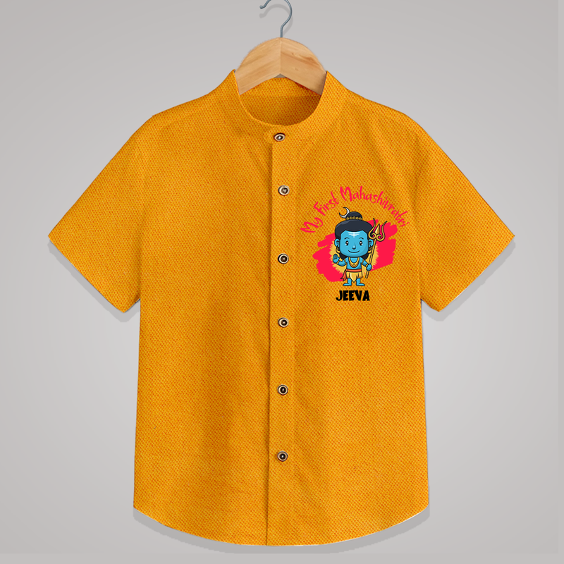 My First Mahashivaratri - A Journey into Shiva's Grace Customized Shirt for Kids with name - CHROME YELLOW - 0 - 6 Months Old (Chest 23")