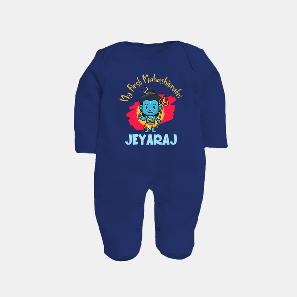 Personalized Mahashivratri Special Baby Fullbody Suit – Shiv Inspired Name Print - NAVY BLUE - New Born (Chest 7.5")