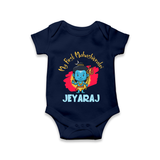 Personalized Mahashivratri Special Baby Romper – Shiv Inspired Name Print - NAVY BLUE - New Born (Chest 14")