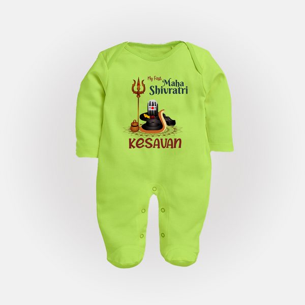 My First Mahashivratri Custom Name Baby Fullbody Suit  - LIME GREEN - New Born (Chest 7.5")