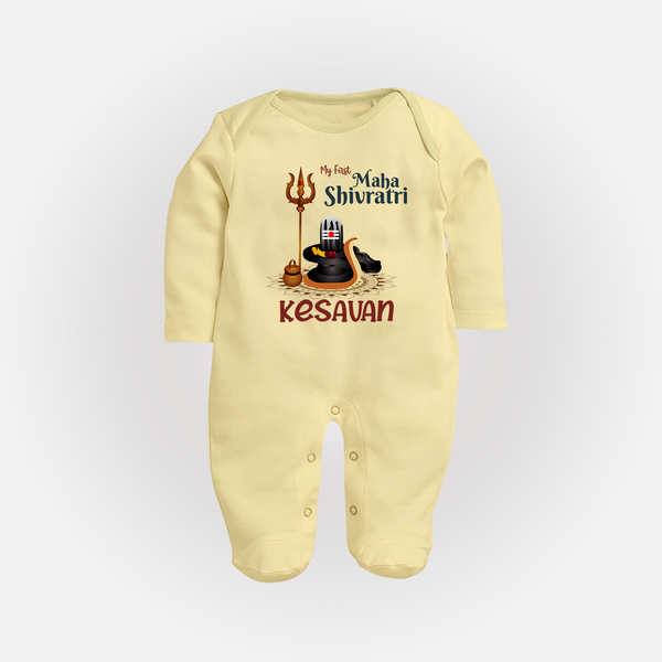 My First Mahashivratri Custom Name Baby Fullbody Suit  - PASTEL YELLOW - New Born (Chest 7.5")