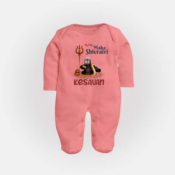 My First Mahashivratri Custom Name Baby Fullbody Suit  - PEACH - New Born (Chest 7.5")