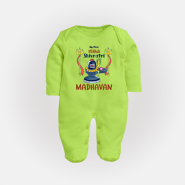 Mahashivratri Special Personalized Baby Fullbody Suit – Lord Shiva Theme with Name - LIME GREEN - New Born (Chest 7.5")