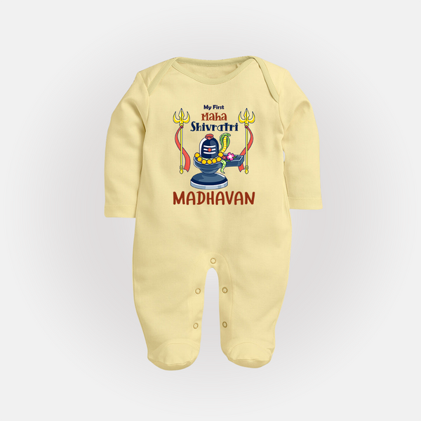 Mahashivratri Special Personalized Baby Fullbody Suit – Lord Shiva Theme with Name - PASTEL YELLOW - New Born (Chest 7.5")
