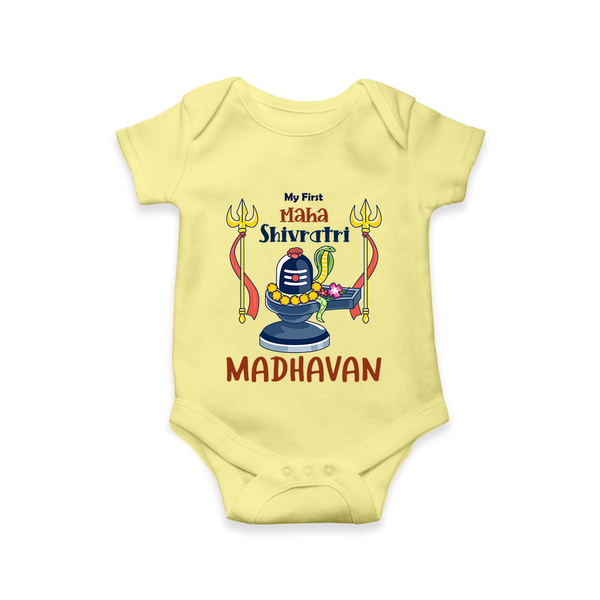 Mahashivratri Special Personalized Baby Romper – Lord Shiva Theme with Name - PASTEL YELLOW - New Born (Chest 14")