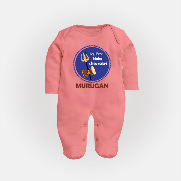 My First Mahashivratri Custom Name Baby Fullbody Suit – Festive Shiv Design - PEACH - New Born (Chest 7.5")