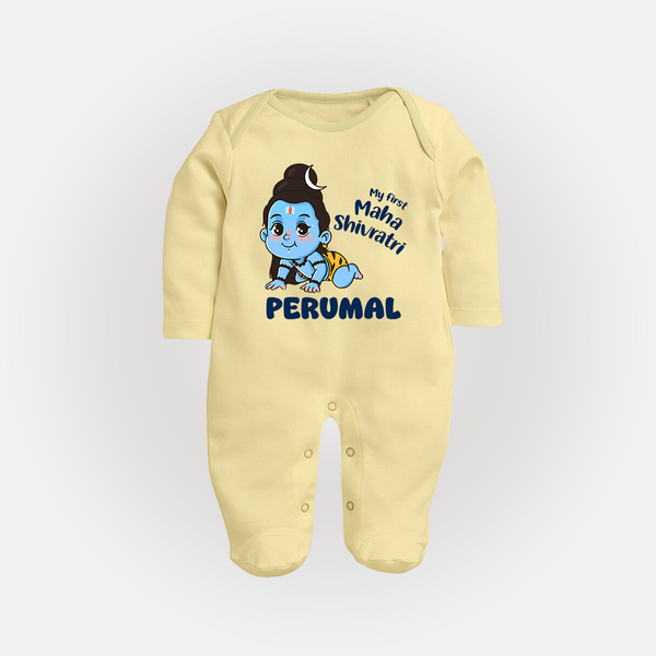 My First Mahashivratri Personalized Baby Fullbody Suit – Traditional Shiv Theme - PASTEL YELLOW - New Born (Chest 7.5")