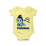 My First Mahashivratri Personalized Baby Romper – Traditional Shiv Theme - PASTEL YELLOW - New Born (Chest 14")