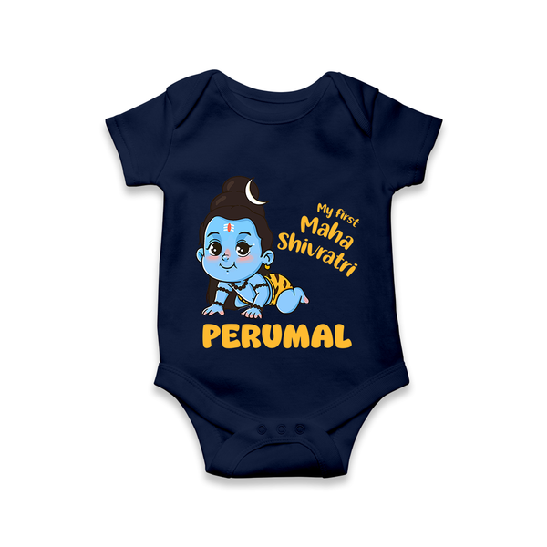 My First Mahashivratri Personalized Baby Romper – Traditional Shiv Theme - NAVY BLUE - New Born (Chest 14")