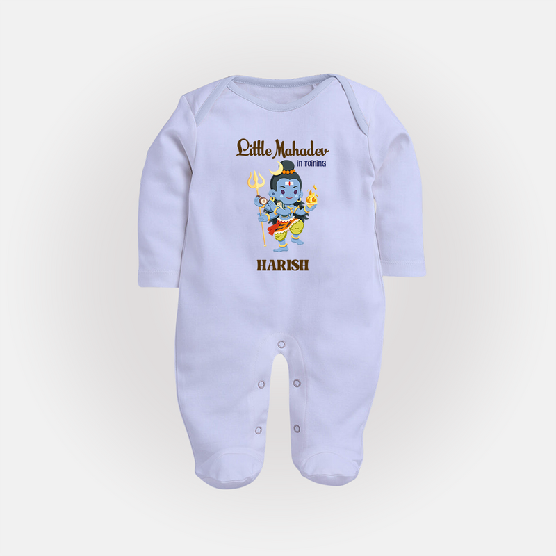 Little Mahadev In Training - Maha Shivaratri Customized Sleep Suit For Babies With Name - BABY BLUE - New Born (Chest 7.5")