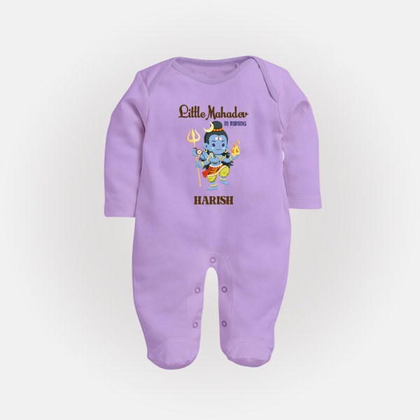 Little Mahadev In Training - Maha Shivaratri Customized Sleep Suit For Babies With Name - LILAC - New Born (Chest 7.5")