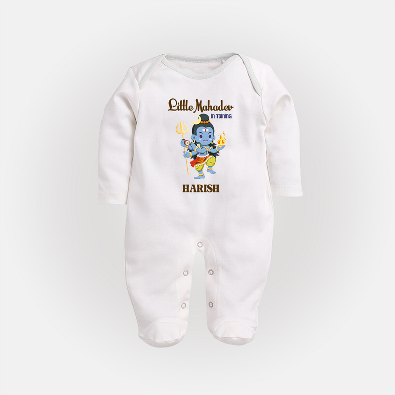 Little Mahadev In Training - Maha Shivaratri Customized Sleep Suit For Babies With Name - WHITE - New Born (Chest 7.5")