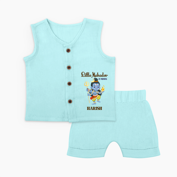 Little Mahadev In Training - Maha Shivaratri Customized Jabla Set For Babies With Name - BABY BLUE - 0 - 3 Months Old (Chest 9.8")