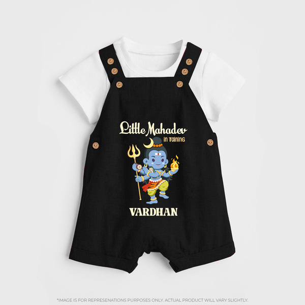 Little Mahadev In Training - Maha Shivaratri Customized Dungaree Set For Kids With Name - BLACK - 0 - 5 Months Old (Chest 18")