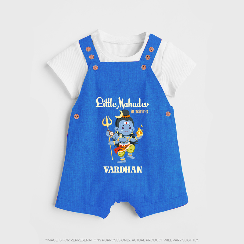 Little Mahadev In Training - Maha Shivaratri Customized Dungaree Set For Kids With Name - COBALT BLUE - 0 - 5 Months Old (Chest 18")