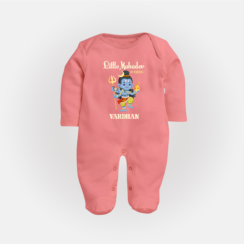 Little Mahadev In Training - Maha Shivaratri Customized Sleep Suit For Babies With Name - PEACH - New Born (Chest 7.5")