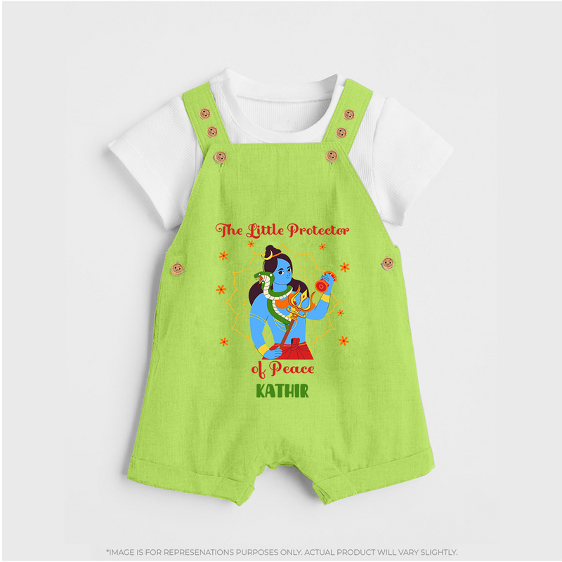 The Little Protector Of peace - Maha Shivaratri Customized Dungaree Set For Kids With Name - GREEN - 0 - 5 Months Old (Chest 18")