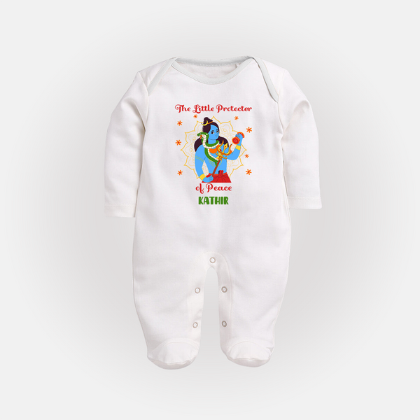 The Little Protector Of peace - Maha Shivaratri Customized Sleep Suit For Babies With Name - WHITE - New Born (Chest 7.5")