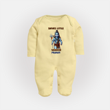 Shiva's Little Warrior - Maha Shivaratri Customized Sleep Suit For Babies With Name - PASTEL YELLOW - New Born (Chest 7.5")