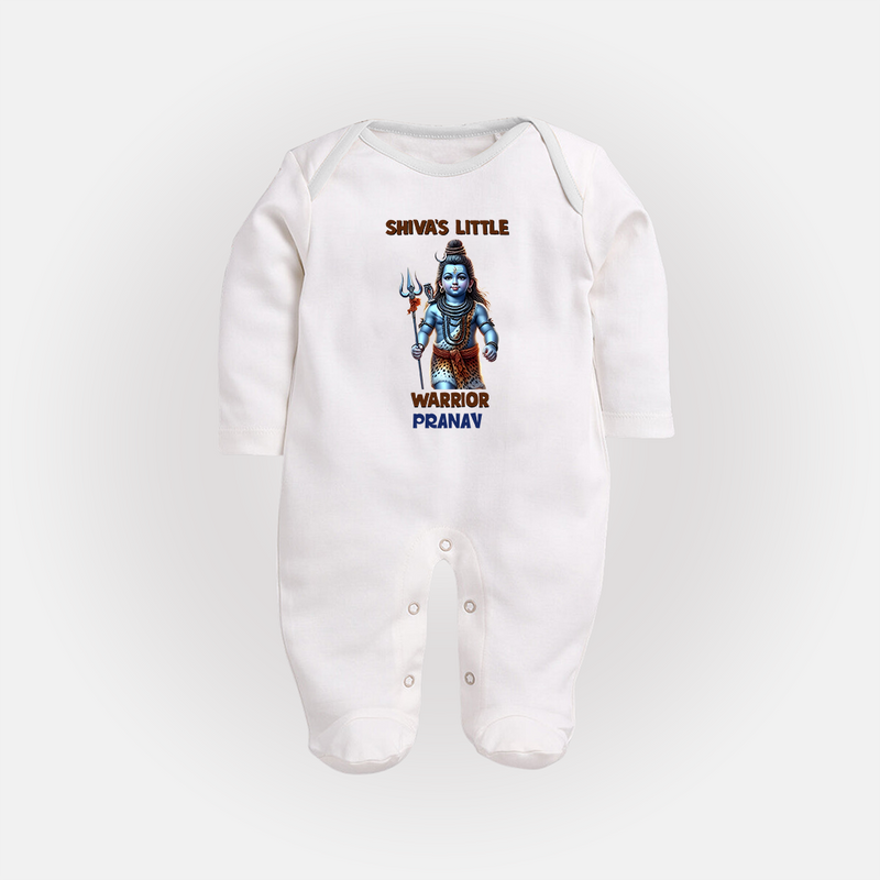 Shiva's Little Warrior - Maha Shivaratri Customized Sleep Suit For Babies With Name - WHITE - New Born (Chest 7.5")