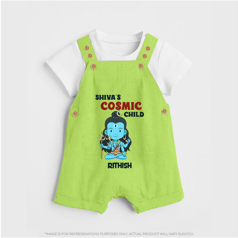 Shiva's Cosmic Child - Maha Shivaratri Customized Dungaree Set For Kids With Name - GREEN - 0 - 5 Months Old (Chest 18")