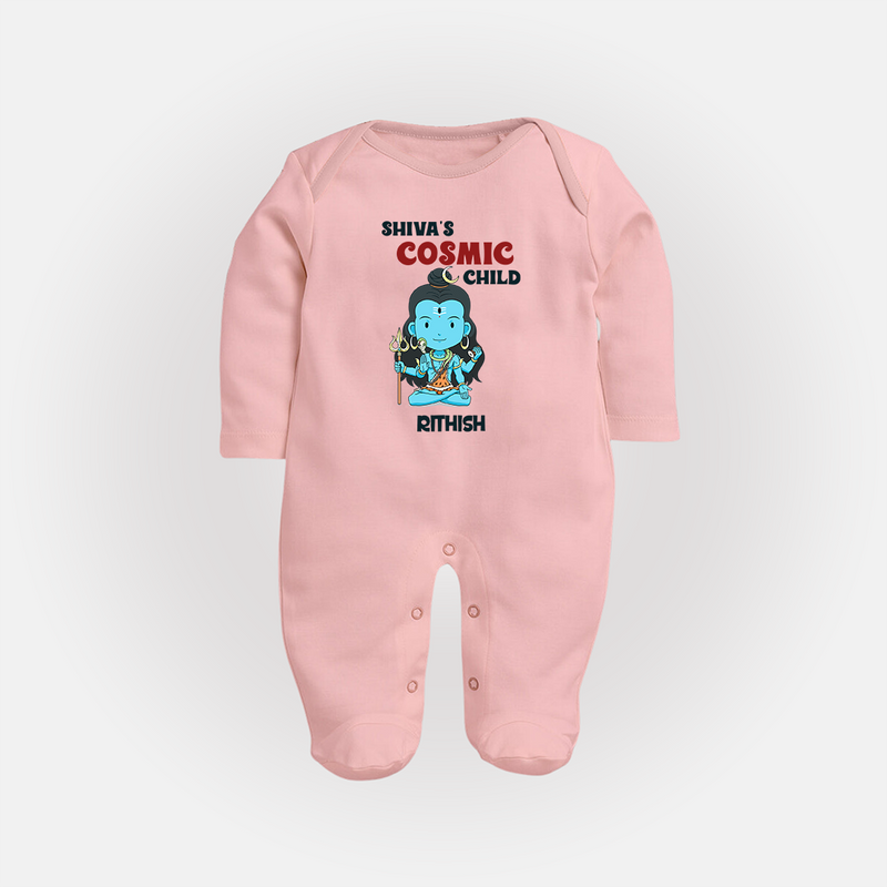 Shiva's Cosmic Child - Maha Shivaratri Customized Sleep Suit For Babies With Name - BABY PINK - New Born (Chest 7.5")