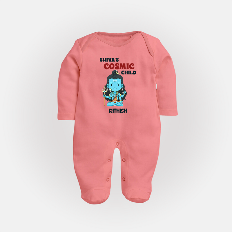 Shiva's Cosmic Child - Maha Shivaratri Customized Sleep Suit For Babies With Name - PEACH - New Born (Chest 7.5")